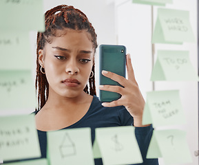 Image showing Depression, phone and sad social media influencer recording her moodboard on a mirror reflection at home. Mental health, content creator and depressed girl with anxiety feeling stressed and alone