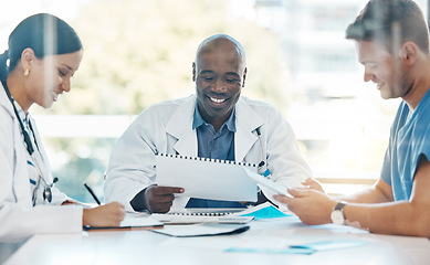 Image showing Doctor team conversation about medical document in a meeting together at work. Healthcare workers talking while planning, communication and strategy in a hospital office or boardroom with teamwork