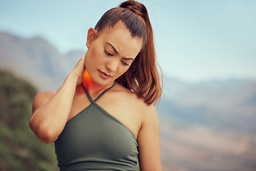 Image showing Woman neck pain, sports injury and muscle pain outdoor from training, fitness and exercise in glowing red. Health risk of injured female athlete with body accident, problem and emergency first aid