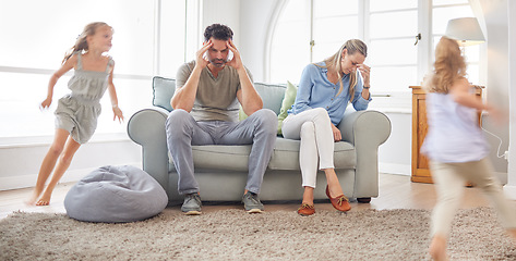 Image showing Parents headache, running children and family stress in home living room, anxiety from happy kids and burnout in lounge together. Mother and father tired and frustrated with playing girl sisters