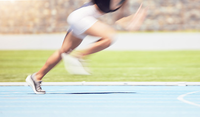 Image showing Motion blur sports runner, fast and speed in competition, event and race in stadium arena outdoor. Woman athlete running marathon, cardio and training in sprint exercise, fitness and dynamic pace