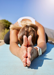 Image showing Stretching, yoga and wellness woman hands with outdoor nature, sunshine lens flare and sky mock up. Exercise, fitness and calm person meditation on ground for workout, pilates or training in nature