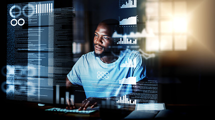 Image showing Computer programmer, software developer, or engineer working on computer database with futuristic CGI graphic data at night. Male information technology coder or a IT programmer coding cyber security