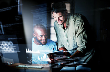 Image showing IT or information technology technicians or computer programmers working, coding user interface or UX late at night. Team of software specialists or developers happy technical system data in office