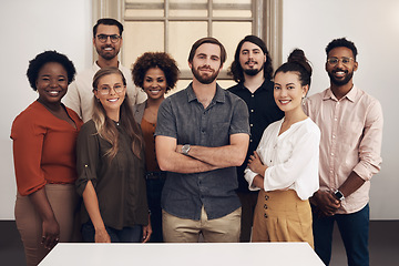 Image showing Group portrait of confident, diverse and proud businesspeople standing together showing teamwork goals. Contact us and find out about us and our vision, mission and faq from our young community