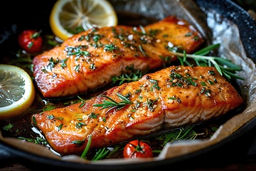 Image showing Tasty and fresh cooked salmon fish fillet with lemon and rosemary