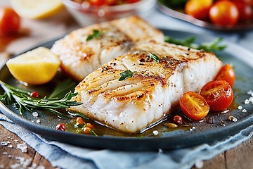 Image showing Two delicious fillets of marinated grilled or oven baked pollock