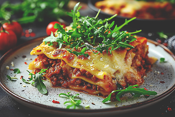 Image showing Homemade lasagna slice with minced beef bolognese and bechamel sauce