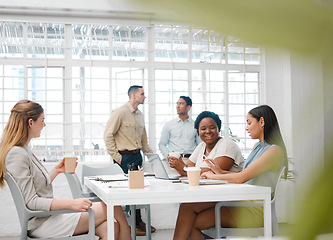 Image showing Happy, smiling and friendly colleagues talking on their coffee break or meeting about the news and gossip. Young, global and diverse female employees enjoying their discussion in the staff room