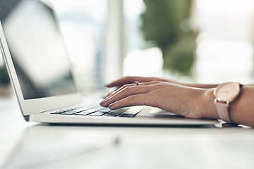 Image showing Closeup hands of manager typing on laptop, reviewing employee contracts or planning office schedule. Human resource professional, hiring boss or leader innovating team building exercise on technology