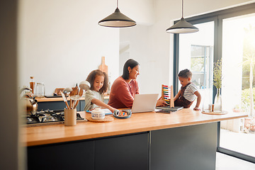 Image showing Mom helping her children with learning, education and development in online classes at home. Mother, daughter and son in the kitchen studying online, doing homework and math.