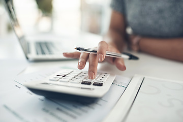 Image showing Finance planning, budget or savings manager calculating expenses, taxes or company profits with laptop, paperwork or calculator. Closeup hands of female financial leader checking office staff payroll