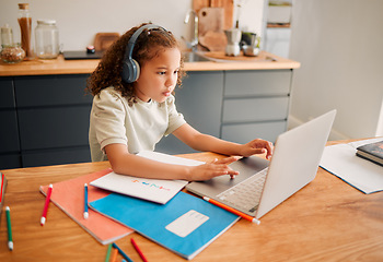 Image showing Child education, learning and listening with laptop and headphones for online interactive activity or distance teaching lesson at home. A little, smart and modern student busy with an assignment test