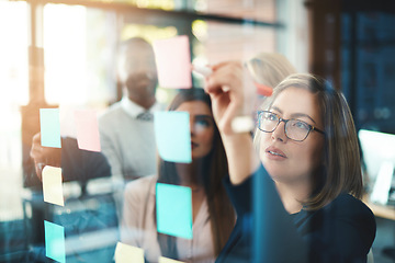 Image showing Marketing leader planning and writing on sticky notes on wall while support and sharing vision or idea. Diverse group of creative office business people meeting together to market new startup company