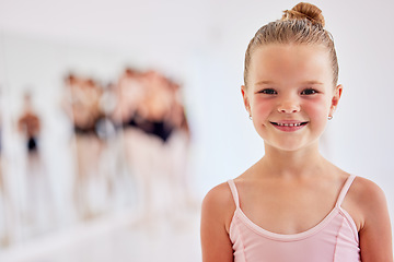 Image showing Little ballerina girl learning ballet dancing, art form and hobby in dance studio. Portrait of cute young child, smile dancer and happy kid excited for classical performance lesson, training and fun