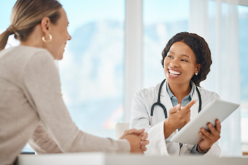 Image showing Doctor with patient and tablet showing lab results, good news for health insurance or medical cure in consultation visit or appointment. Healthcare worker with digital report giving advice to patient