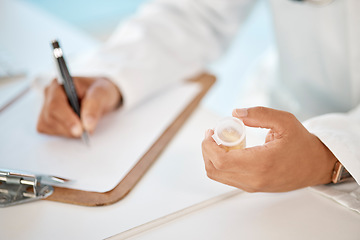 Image showing Prescription, pharmacy and medicine with doctor, healthcare worker or physician handing drugs treatment. Pharmacist or medical specialist writing out form for recovery, cure or antibiotics