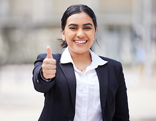 Image showing Thumbs up, success and business intern feeling happy, proud and excited about job opportunity or goal. Portrait of entrepreneur feeling like winner, saying thank you and sharing motivation outside