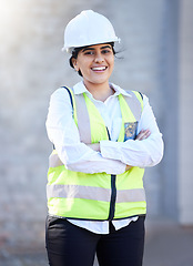 Image showing Construction, building and engineering with a woman contractor or technician outside on a build site for development, renovation or remodel. Construction worker ready for build, maintenance or repair