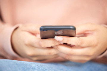 Image showing Texting, closeup and hands holding phone while typing an email or memo. Communication, social media and connectivity in modern network. 5g connection with smartphone and browsing internet with wifi.