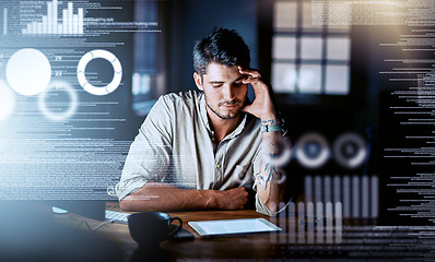 Image showing Web designer feeling stressed, tired and depressed while working on cgi code information technology. Big data engineer, computer programmer or software developer busy thinking of it and ai tech