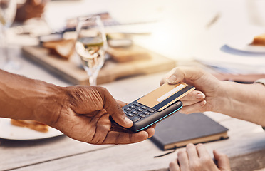 Image showing Restaurant customer payment with credit card on machine or digital tech for contactless and secure payment while fine dining. Food business manager or waiter hands using 5g to tap or scan a bank card