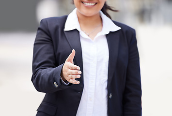 Image showing Welcome handshake, networking and deal of hr business manager hiring contract, meeting and partnership in city. Corporate worker shaking hands with trust, consulting for support and b2b sale success