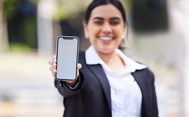 Image showing Mockup space on a phone or mobile screen in a hand of a business woman for advertising or marketing. 5g wireless technology for a brand logo, design app or contact us with an employee or entrepreneur