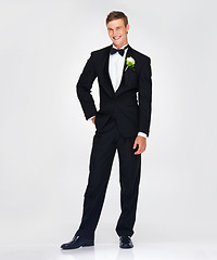 Image showing Happy groom, in tuxedo at wedding or man in portrait with a smile on his face. Husband, classy and luxury tux or suit at an event or fashion studio with mockup or copy space background.