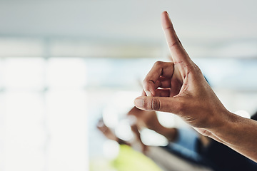 Image showing Raising hand and finger to ask a business question in a modern office. Closeup of group of colleagues with raised fingers at a conference meeting or seminar with bright ideas over copy space.
