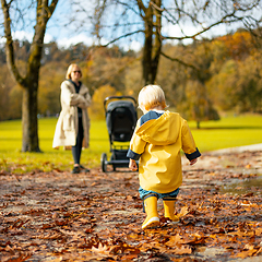 Image showing Sun always shines after the rain. Small bond infant boy wearing yellow rubber boots and yellow waterproof raincoat walking in puddles and autumn leaves in city park on sunny rainy day.