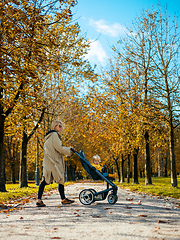 Image showing Young beautiful mother wearing a rain coat pushing stroller with her little baby boy child, walking in city park on a sunny autumn day