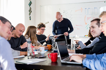 Image showing Startup business and entrepreneurship problem solving. Young AI programmers and IT software developers team brainstorming and programming on desktop computer in startup company share office space.