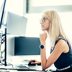 Image showing Female financial assets manager, trading online, watching charts and data analyses on multiple computer screens. Modern corporate business woman concept.