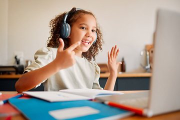 Image showing Distance learning, education and online lesson with girl child wearing headphones and counting with her fingers with laptop webcam. Student studying with zoom virtual video class with teacher at home