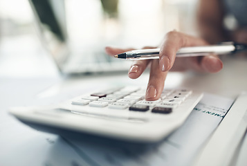 Image showing Calculator, banking and finance with an accountant, financial planner or insurance broker working in an office or bank. Closeup of a hand typing numbers while calculating investment and savings