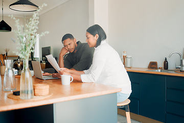 Image showing Couple looking at documents, finances and paperwork with confused expression for their overdue budget, credit or house expenses. Managing household spending, saving and account to pay money.