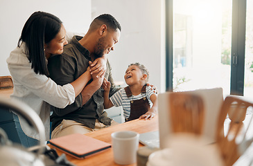 Image showing Family, bonding and playing with their happy little boy while laughing, teasing and talking at home with flair. Loving wife and son hugging dad while showing him love and affection on fathers day