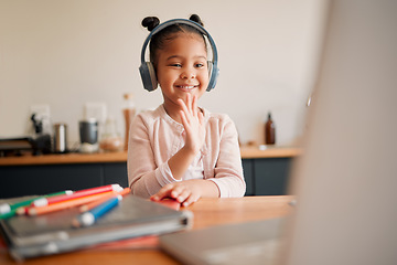 Image showing Distance learning, education and virtual student child on a video call lesson with a headset and laptop doing hello or bye greeting gesture. Little girl in an online classroom, homeschooling at home