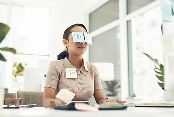 Image showing Tax, audit and finance business woman sleeping, taking nap and working at a desk in an office at work. Tired, corporate and accounting employee looking stressed and dealing with financial problem