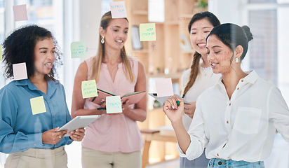 Image showing Sticky notes, schedule or writing vision idea in business meeting, training or innovation coaching with storyboard. Motivated, diverse or creative women planning startup marketing strategy with kpi.