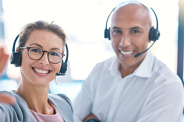 Image showing Selfie of call center operator, marketing agent and sales consultants on webcam video call in an office. Friendly, smiling and helpful support staff consulting contact us hotline for customer service