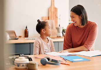 Image showing Home school, laughing, child and mother bonding after homeschool homework, school work and education test. Adorable, cute and small daughter learning and drawing with a parent or woman