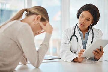 Image showing Supporting, consoling and comforting a patient with a doctor consulting a woman in the hospital during a medical appointment. Discussing negative test results during medicine and healthcare check up