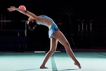 Image showing Fitness, wellness and sports woman dance in sport event, training exercise workout or concert in the gym. Wellness, dancer or athlete girl with ball doing creative health performance.