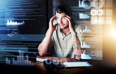 Image showing Stressed computer engineer reading code, cgi data and making mistake while analyzing special effects charts while working late at night. Confused, worried and anxious web developer discovering a hack