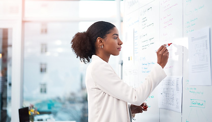 Image showing Businesswoman planning marketing strategy on a whiteboard in modern office for a corporate company. Serious, focused and professional African female writing a smart and creative idea at the workplace