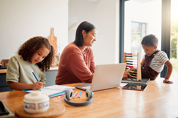 Image showing Homeschool, child development and quality education for young little children learning with their mother. Parent helping and teaching her kids with basic schoolwork or maths in the house