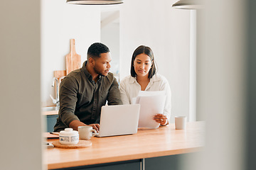 Image showing Planning home loan couple with laptop looking at budget, bills or finance paper work confused by the expenses, budget or mortgage. Married man and woman managing utility document or debt online