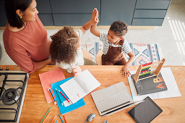 Image showing Kids, education and learning of homeschool children high five through early childhood development. Family, mother of young boy and girl above social, communication and teamwork skills with teacher.